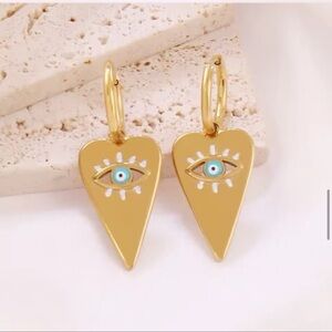 Gold Heart Evil Eye Dangle Earrings. TURQUOISE Eye